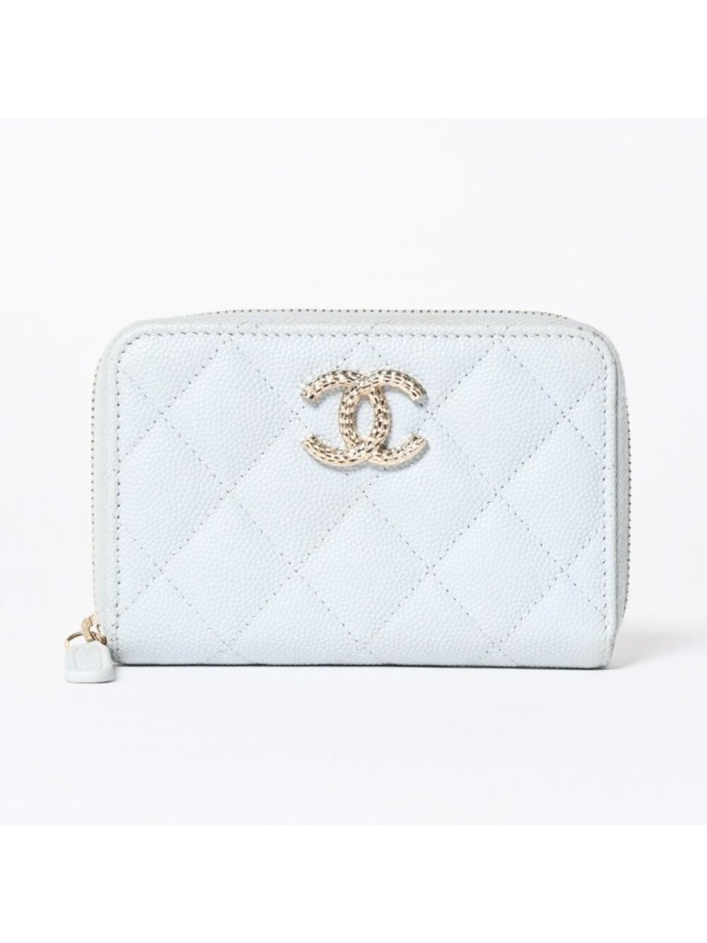 Chanel Round Zip Wallet Stand CC Logo Caviar Leather Light Blue Gold
